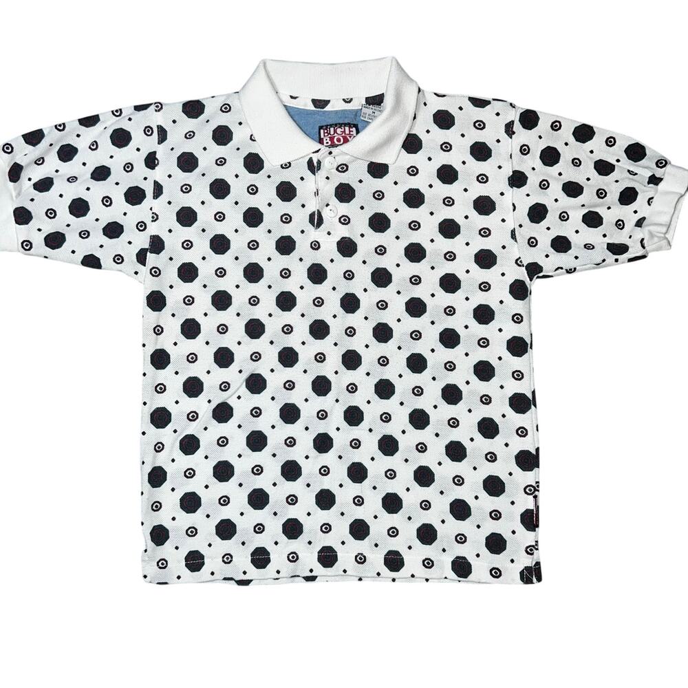 Vintage 90s Bugle Boy geometric Polo shirt size Medium white burgundy green